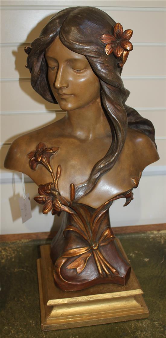 An Art Nouveau Continental painted terracotta bust of a young woman, probably Austrian, overall 27.5in. incl. plinth